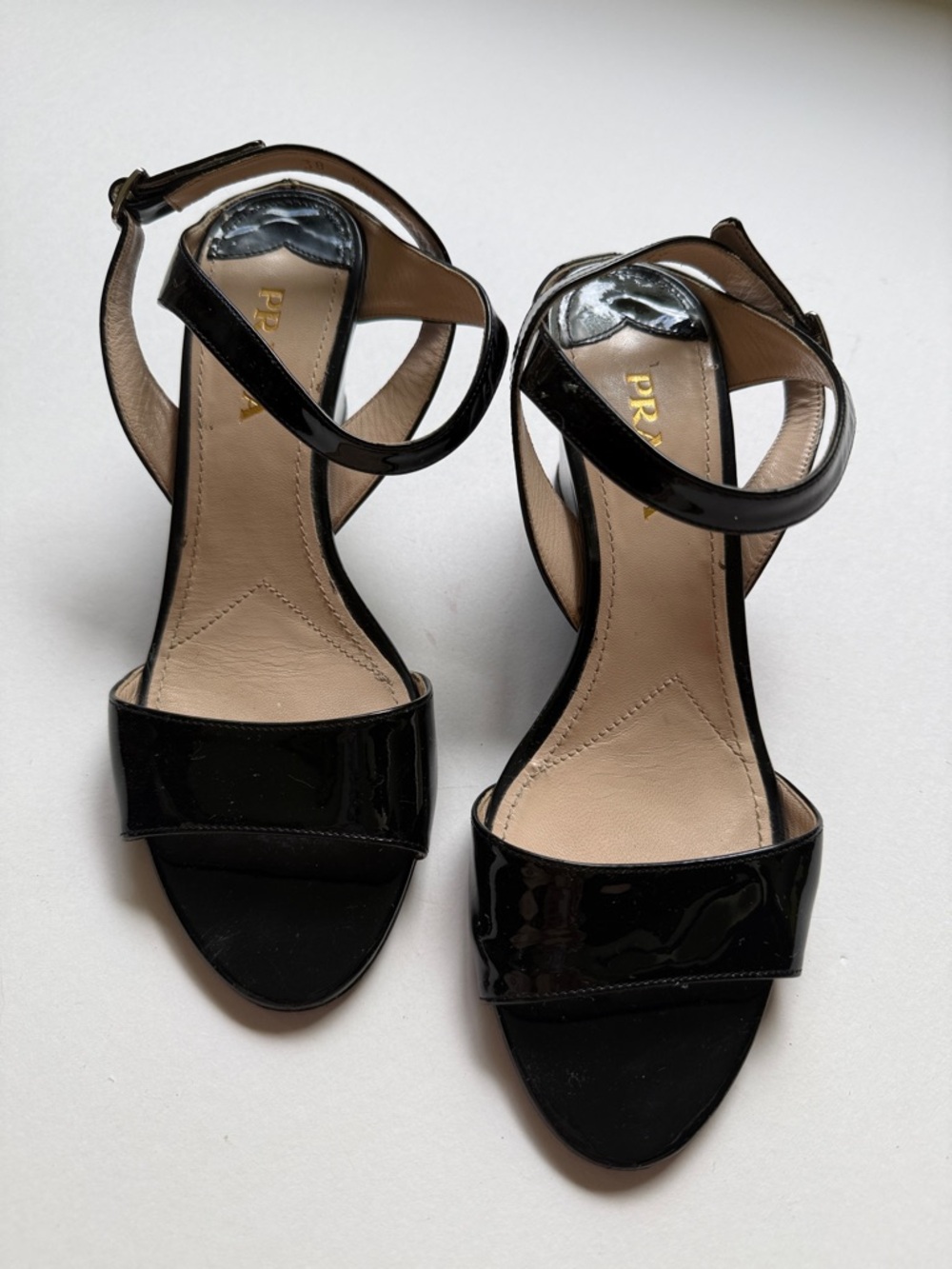 Prada Black Patent Leather Open-Toe Ankle-Strap Heels